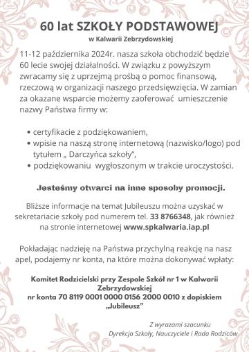 Prośba o wsparcie Jubileuszu 60-lecia Szkoły